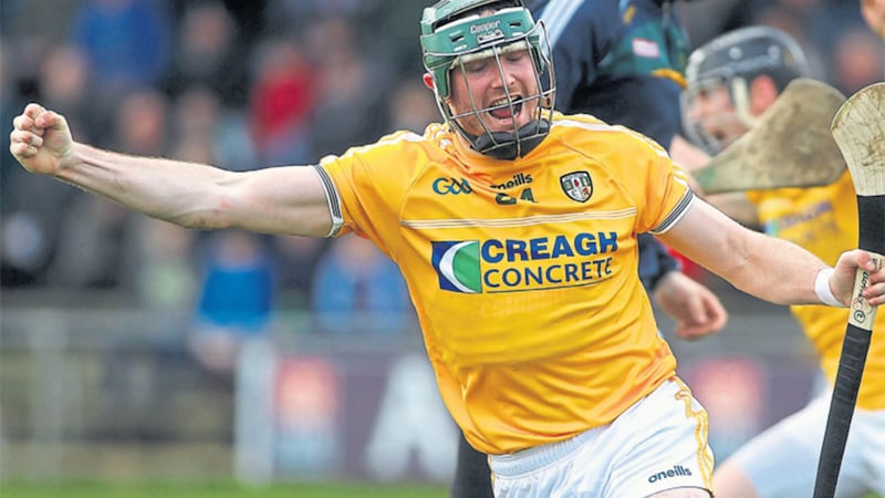 Antrim's Daniel McCloskey celebrates scoring the Saffrons' first goal in yesterday's win over Offaly&nbsp;