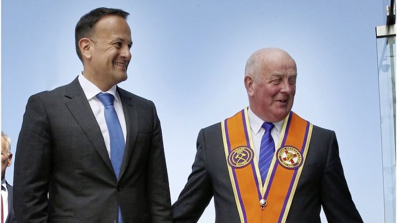 Taoiseach Leo Varadkar is greeted by Grand Master of the Grand Orange Lodge of Ireland Edward Stevenson as he arrives at the Museum of Orange Heritage in Belfast. Picture by Hugh Russell 