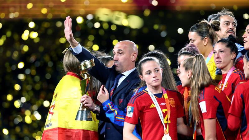 Luis Rubiales, left, following the Women’s World Cup final (Isabel Infantes/PA)