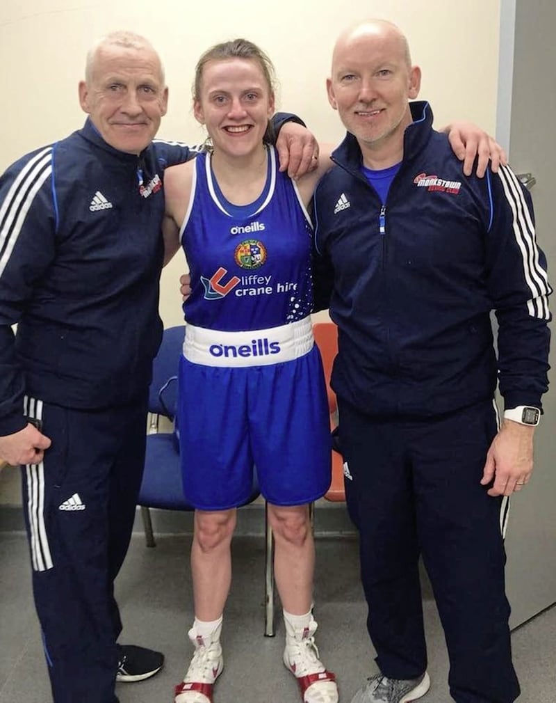 Michaela Walsh with coach Paul Johnston and dad Damien after Saturday night&#39;s Irish Elite Championship success 