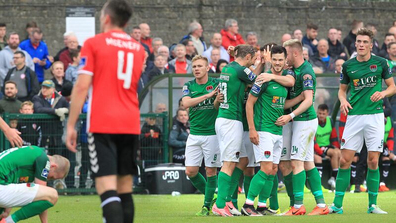 Cork City players celebrate their winning goal at Maginn Park last night Picture by Margaret McLaughlin