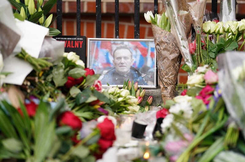 Floral tributes outside the Russian Embassy in London for Alexei Navalny