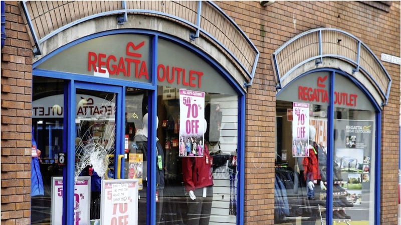 The front door of the Regatta Outlet store in the centre of Belfast was smashed during the second burglary at the shop in three days. Picture by Hugh Russell 