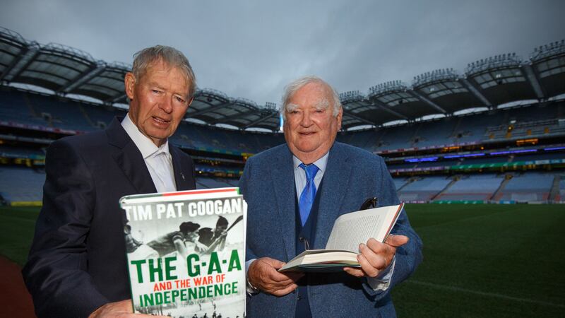 Tim Pat Coogan, right, author of The GAA And The War Of Independence, with RT&Eacute; broadcaster M&iacute;che&aacute;l &Oacute; Muircheartaigh at Croke Park&nbsp;