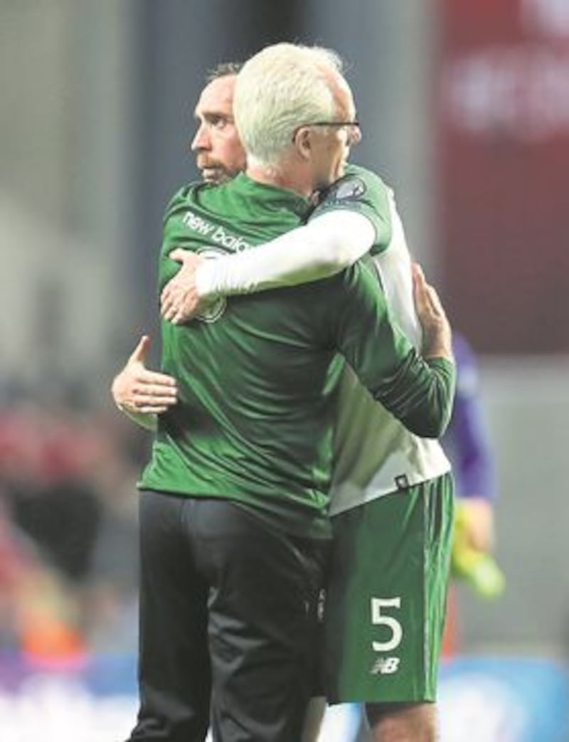 Republic of Ireland manager Mick McCarthy (left) and Richard Keogh after the UEFA Euro 2020 Qualifying, Group D match against Denmark at Telia Parken, Copenhagen on Friday June 7, 2019. Picture by Press Association.