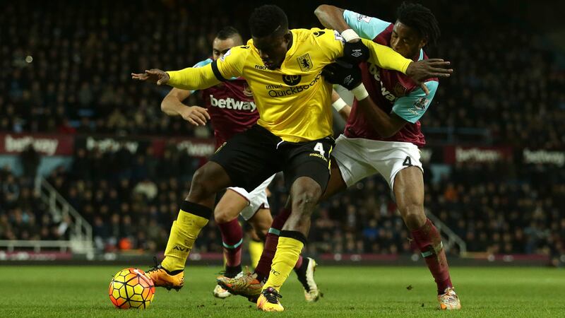 Aston Villa's Micah Richards battles for possession of the ball with West Ham United's Alex Song during Tuesday's Barclays Premier League match at Upton Park<br />Picture by PA&nbsp;