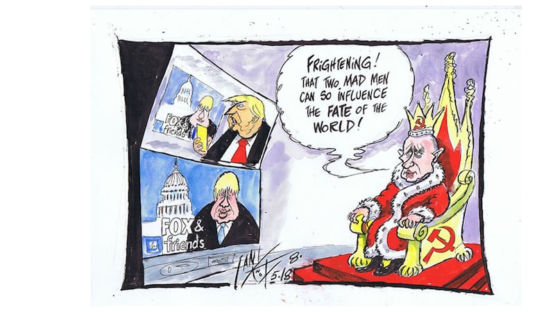Ian Knox cartoon 8/5/18: Putin is sworn in for a fourth term as Russian president. Boris Johnson urges Trump not to abandon the Iran nuclear deal on 'Fox &amp; Friends'?, the president's favourite news show&nbsp;