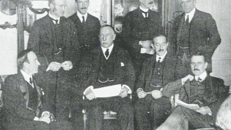 Prime Minister of Northern Ireland, James Craig, centre, and members of his cabinet in London in November 1921 while the Treaty negotiations were taking place 