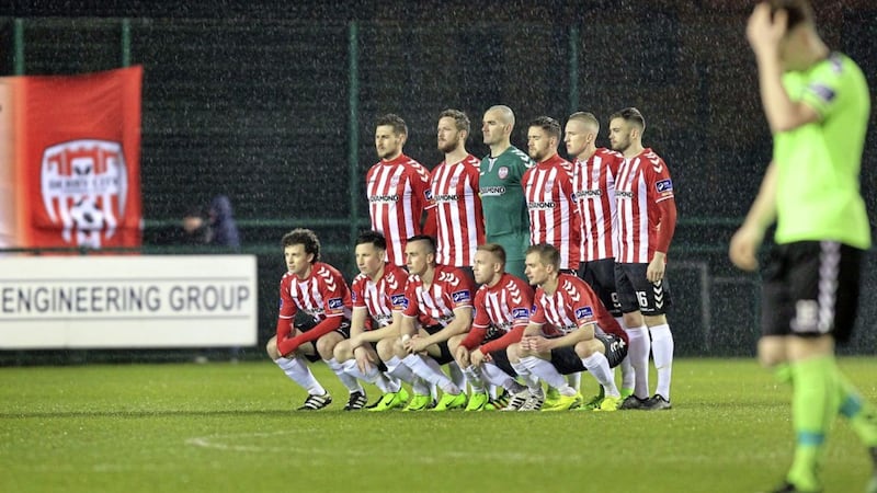 The Derry City side which started last week&#39;s abandoned match against Limerick at Maginn Park. The Candystripes travel to face Shamrock Rovers on Friday evening Picture by Margaret McLaughlin 