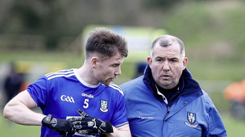 Monaghan manager Seamus McEnaney and Karl O'Connell pictured during the Division One clash against Tyrone.<br /> Pic Philip Walsh.