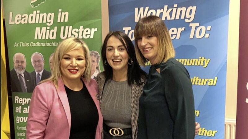 Emma Sheerin (centre) with Sinn F&eacute;in deputy leader Michelle O&#39;Neill and fellow Mid Ulster MLA Linda Dillon 