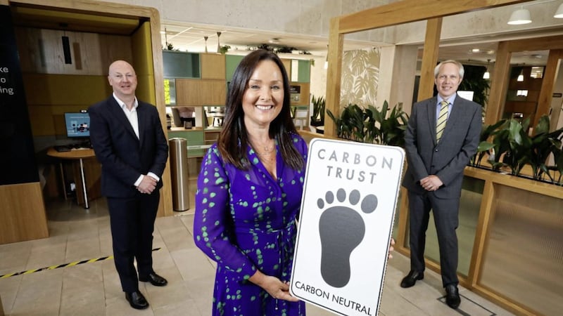 Pictured as Danske Bank launches UK&rsquo;s first carbon neutral mortgage are (from left) Chris Martin, head of climate risk &amp; strategy at Danske Bank; Aisling Press, managing director of personal banking at Danske Bank, and James Dunlop, senior engineer at the Carbon Trust 