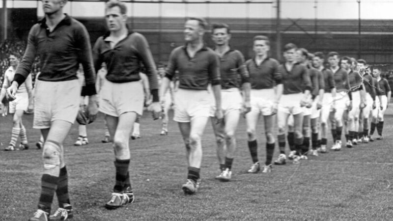 Paddy Doherty leading out the Down team for the 1961 All-Ireland SFC Final. 