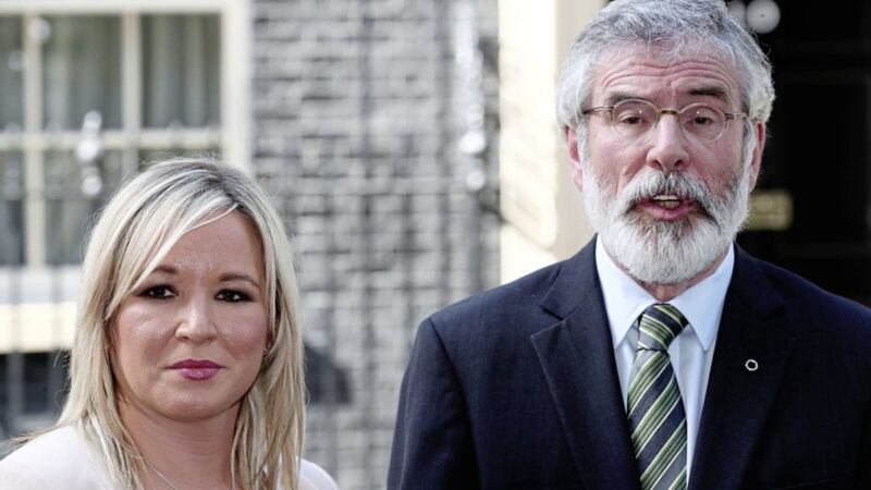 Sinn F&eacute;in&#39;s Michelle O&#39;Neill and Gerry Adams after talks at 10 Downing Street. Picture by Gareth Fuller/PA Wire 