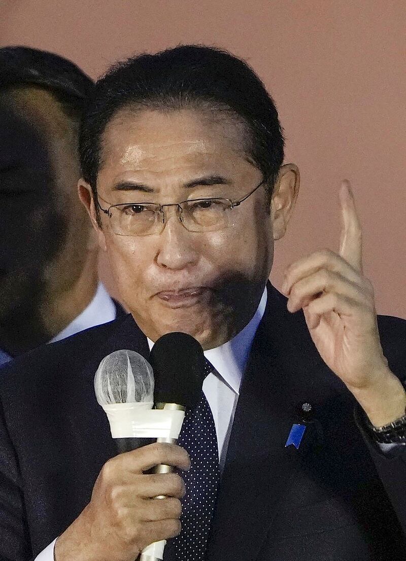 Japanese Prime Minister Fumio Kishida makes a speech on the final day of the by-election campaign (Kyodo News/AP)