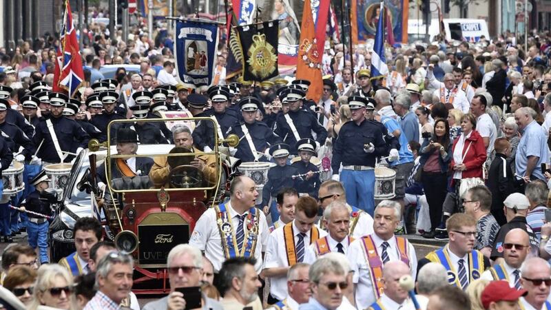 The Belfast march was one of the largest of the 18 parades across Northern Ireland. Picture by Colm Lenaghan/Pacemaker 