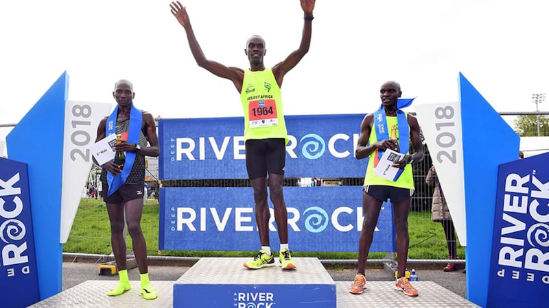 Eric Koech has won the 37th annual Belfast City Marathon. The Kenyan runner, who was second two years ago, won the men's race in a time of 2:18:19. Photo: Justin Kernoghan&nbsp;