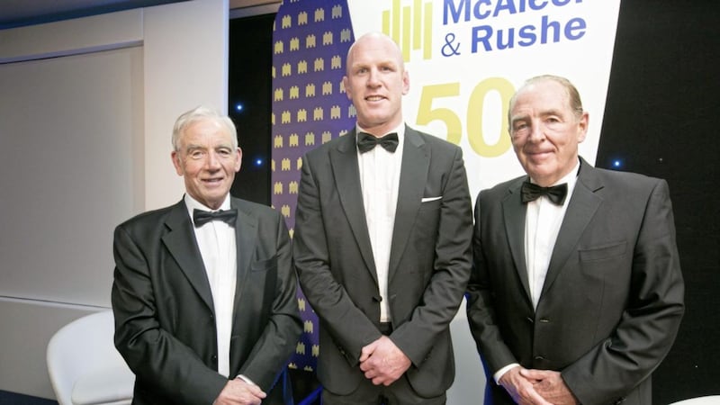 McAleer &amp; Rushe chairman Seamus McAleer and chief executive Eamonn Laverty are joined by rugby star Paul O&rsquo;Connell at an event in the Landmark Hotel in London to celebrate the firm&#39;s 50th anniversary 