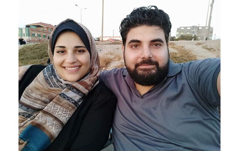 Khalid pictured with his wife Ashwak Jendia, who was killed in Gaza last month.