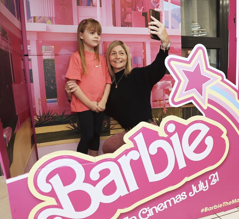 A mother taking a selfie with her daughter at the Barbie screening in The Avenue. Picture by Hugh Russell