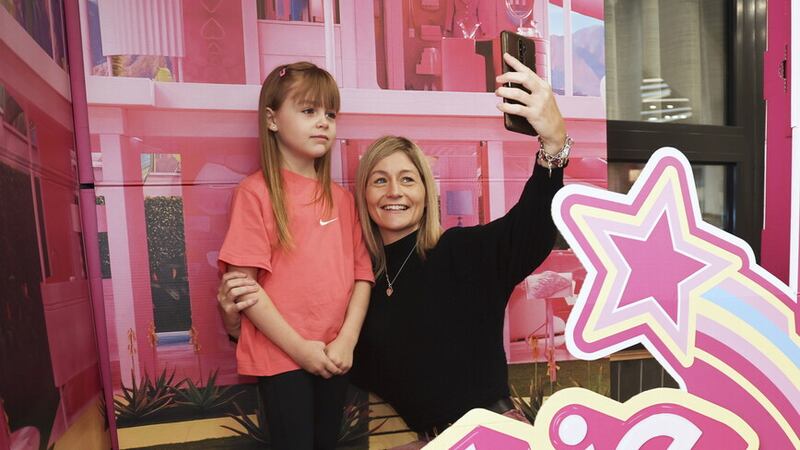 A mother taking a selfie with her daughter at the Barbie screening in The Avenue. Picture by Hugh Russell