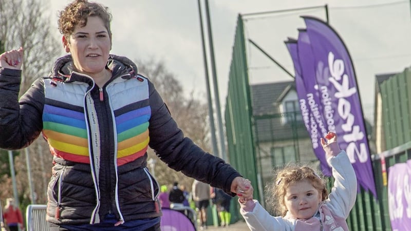 Elena Lynn and daughter Esther supporting the Stroke Association at the charity&rsquo;s Resolution Run event in February. Picture by Liam McArdle/ Stroke Association 