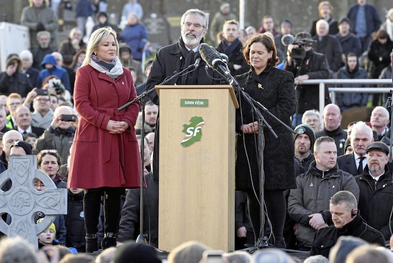 Sinn Fein President Gerry Adams, Michelle O&#39;Neill, Mary Lou McDonald and Christy Moore at Martin McGuinness&#39; grave.  Picture by Justin Kernoghan 