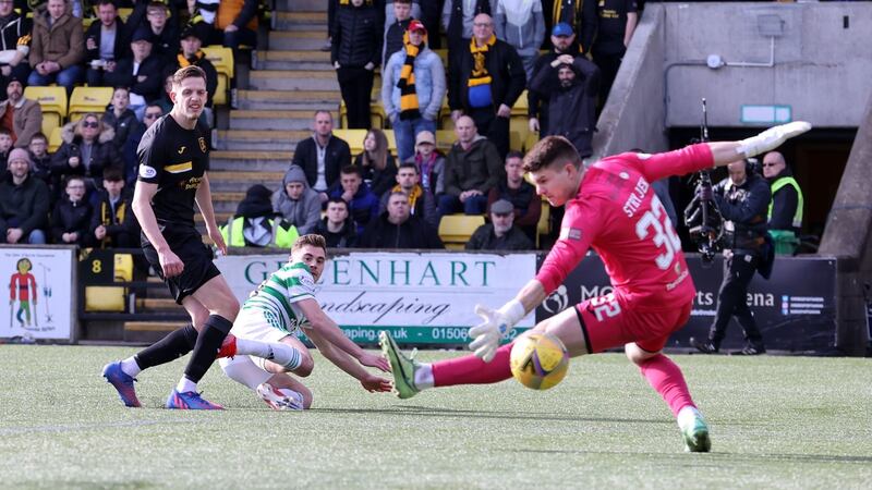 Celtic's James Forrest (centre) scores his side's third goal of the game during the cinch Premiership match against Livingston at the Tony Macaroni Arena<br />Picture: Steve Welsh/PA&nbsp;