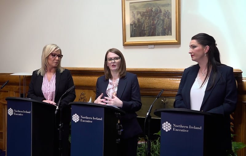 First Minister Michelle O’Neill (left) deputy First Minister Emma Little-Pengelly (right) and Finance Minister Caoimhe Archibald announcing details of the budget