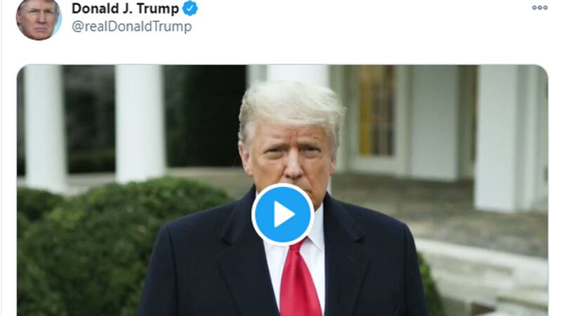 Screengrab taken from the Twitter feed of Donald Trump showing his latest video which has been blocked from retweets, likes or comments due to the risk it may incite violence. The Prime Minister has condemned &quot;disgraceful scenes&quot; in the United States as supporters of President Donald Trump stormed the Capitol in Washington DC.
