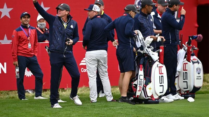 &nbsp;Team USA captain Steve Stricker (second left) waves to the crowds during the second preview day of the 43rd Ryder Cup at Whistling Straits, Wisconsin