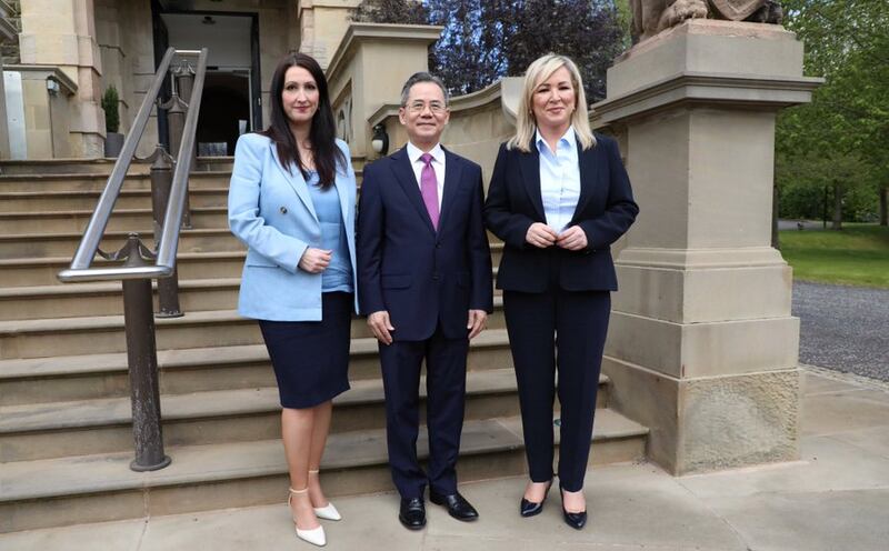 Chinese Ambassador Zheng Zeguang with the First Minister Michelle O’Neill and Deputy First Minister Emma Little-Pengelly