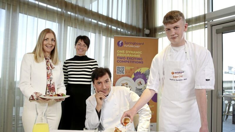Celebrity chef Jean-Christophe Novelli is joined by (from left) Kiera Campbell from Henderson Foodservice, Catriona Lennox from Springboard and previous NI FutureChef winner Oisin Gates from Dungannon 
