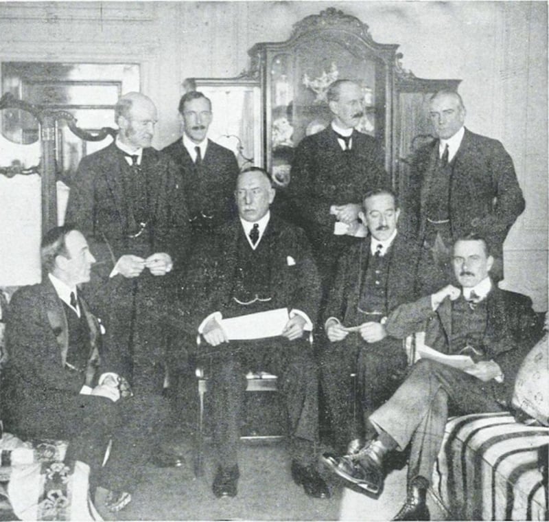 Ulster Unionist leader James Craig, centre, and members of his cabinet in London in November 1921 during the Treaty negotiations 