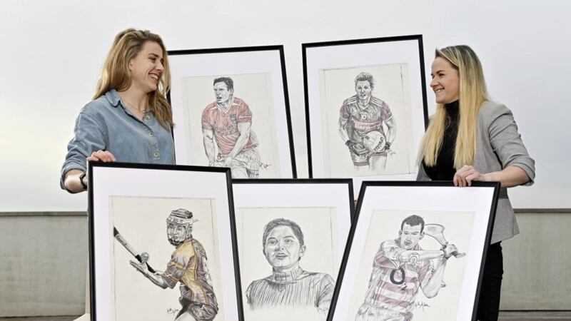 13 December 2021; To mark the first anniversary of the merger between the GPA and WGPA, Gemma Begley, a WGPA founding member, was announced as the GPA&rsquo;s first Equality, Diversity and Inclusion Officer. Pictured at the GPA Office in Santry, Dublin, is GPA Equality, Diversity and Inclusion Officer Gemma Begley, right, alongside Dublin camogie player and artist Aisling Maherm, who has produced 12 portraits of all the founding members. Photo by Sam Barnes/Sportsfile