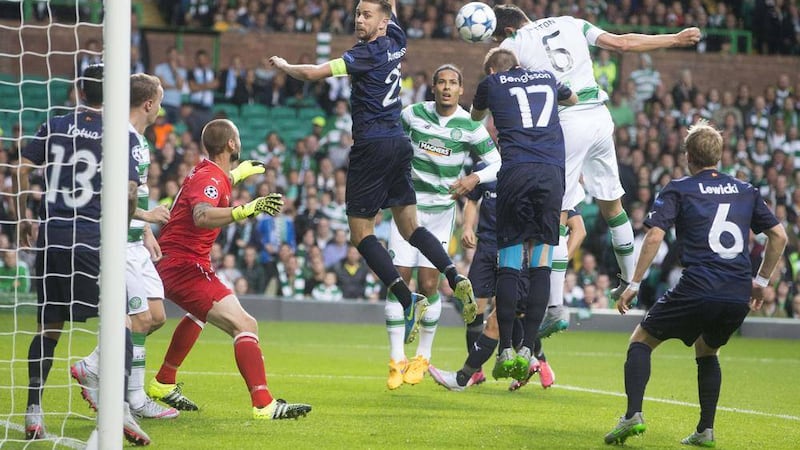 Nir Bitton heads home Celtic&#39;s second goal against Malmo on Wednesday night Picture: PA 