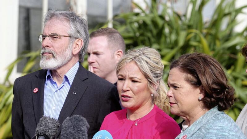 Sinn F&eacute;in&#39;s Gerry Adams, Michelle O&#39;Neill and Mary Lou McDonald speak to the media at the Glasshouse at Stormont Castle yesterday. Picture by Mal McCann 