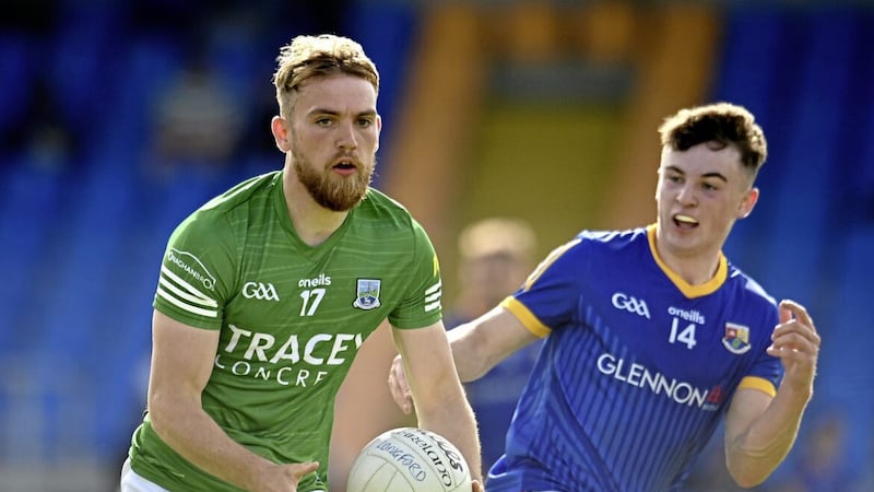 28 May 2022; Ultan Kelm of Fermanagh in action against Daniel Reynolds of Longford during the Tailteann Cup Round 1 match between Longford and Fermanagh at Glennon Brothers Pearse Park in Longford. Photo by Sam Barnes/Sportsfile. 