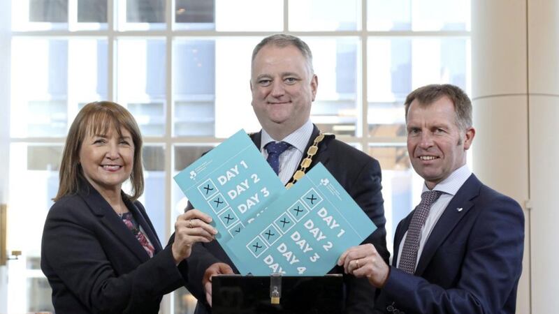 L-R: NI Chamber&rsquo;s Ann McGregor (chief executive), John Healy (president) and Ian Henry (vice-president) launch the &lsquo;5 Leaders; 5 Days&rsquo; series. Picture by Darren Kidd 