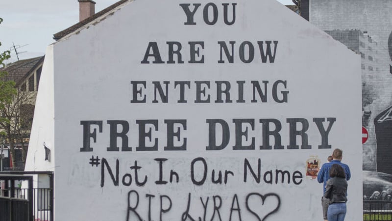 A message of condolence for 29-year-old journalist Lyra McKee which has been graffittied on to Free Derry Corner. Picture by Joe Boland/PA Wire&nbsp;