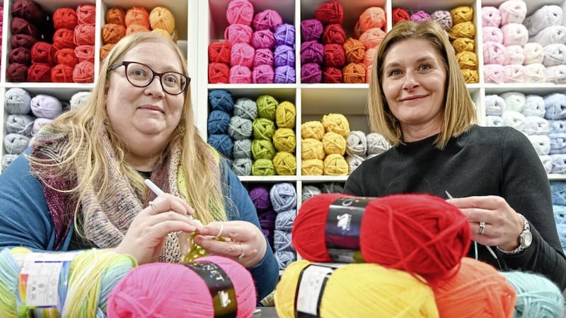 Claire Anketell (left), one of three partners who started the Inspiring Yarns business, chats to Ards Business Hub chief executive Nichola Lockhart. Picture: Simon Graham 