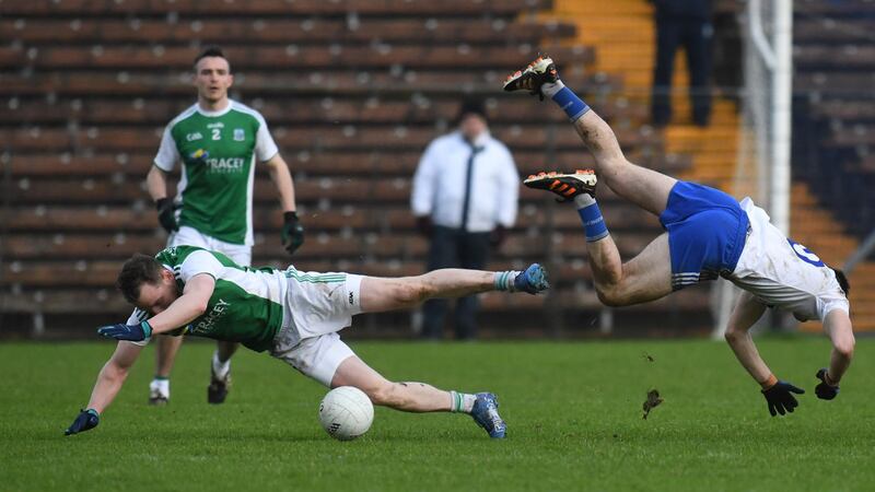 Fermanagh and Monaghan flying into challenges during their Bank of Ireland Dr McKenna Cup match in St Tiernach's Park, Clones.                 <br />Picture: MonoPix&nbsp;