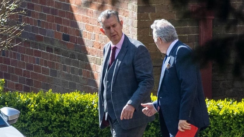 DUP leader designate Edwin Poots (left) with party colleague Ian Paisley&nbsp;leaving Stormont House in Belfast after meeting Secretary of State for Northern Ireland Brandon Lewis.&nbsp;Picture by Liam McBurney/PA Wire