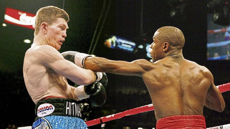 USA&#39;s Floyd Mayweather catches England&#39;s Ricky Hatton (left) during the WBC welterweight title fight at the MGM Grand Garden Arena, Las Vegas, USA 