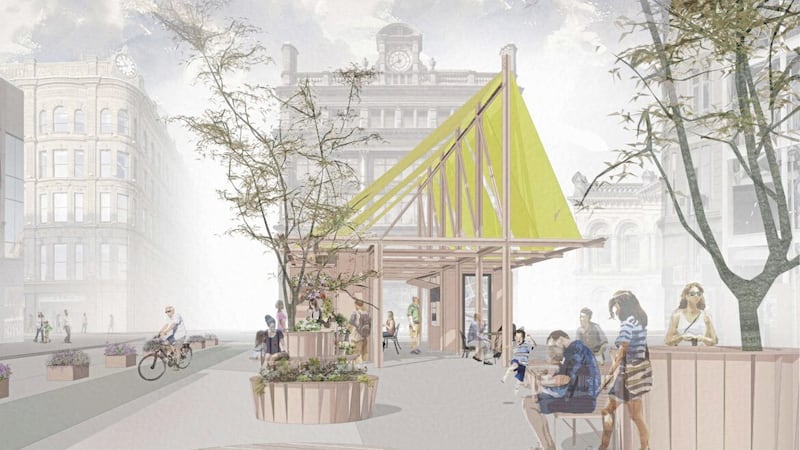 Visual showing the original design proposals for Belfast City Council&#39;s new kiosk scheme in the city centre. 