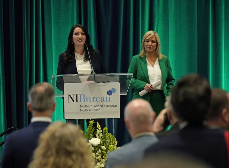 Deputy First Minister Emma Little-Pengelly speaks as Northern Ireland First Minister Michelle O’Neill (right) looks on at the Northern Ireland Bureau breakfast at the Waldorf Astoria Hotel, in Washington DC