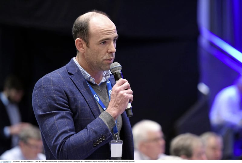 Dermot Earley, CEO of the Gaelic Players Association, speaking against Motion 4 during the 2017 GAA Annual Congress at Croke Park, in Dublin. Photo by Ray McManus/Sportsfile. 