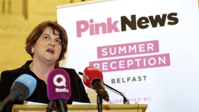 DUP leader Arlene Foster speaking at the PinkNews summer reception at Stormont last year. Picture by Declan Roughan 