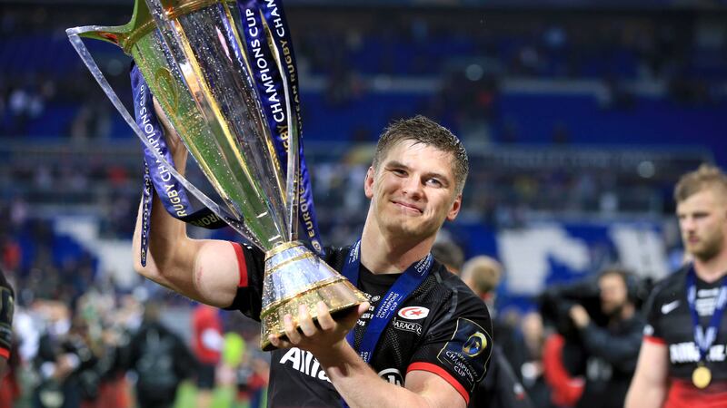 Saracens' Owen Farrell with the European Champions Cup after Saturday's European Champions Cup final at the Parc Olympique Lyonnais&nbsp;<br />Picture by AP
