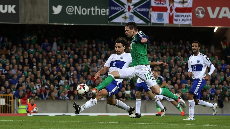 Northern Ireland's Kyle Lafferty scores the second during Saturday's Fifa World Cup qualifier against San Marino at Windsor Park<br />Picture by PA